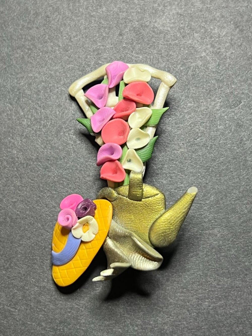 VTG Whimsy Polymer Clay Flower Trellis, Garden Tools, Hat & Watering Can Brooch